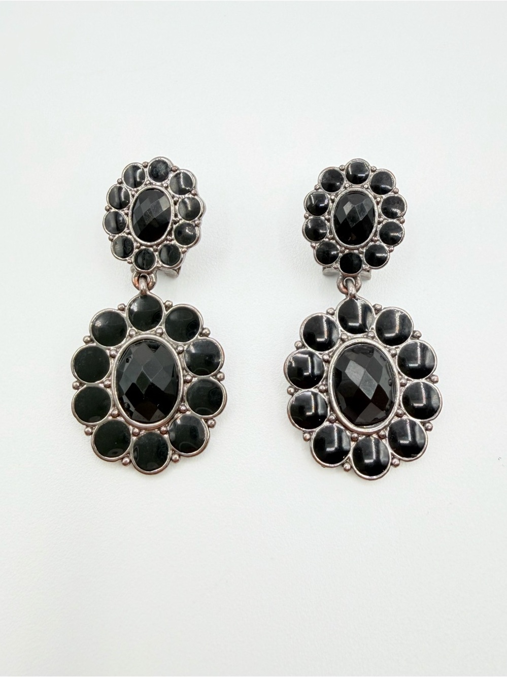 Gunmetal Silver Tone Black Stone Clip-On Drop Statement Earrings